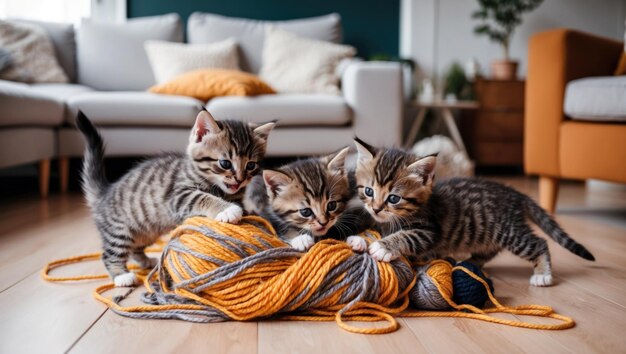 Photo playful kittens tumbling around a colorful pile of yarn in a cozy home