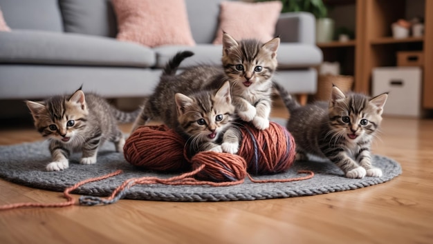 Photo playful kittens tumbling around a colorful pile of yarn in a cozy home