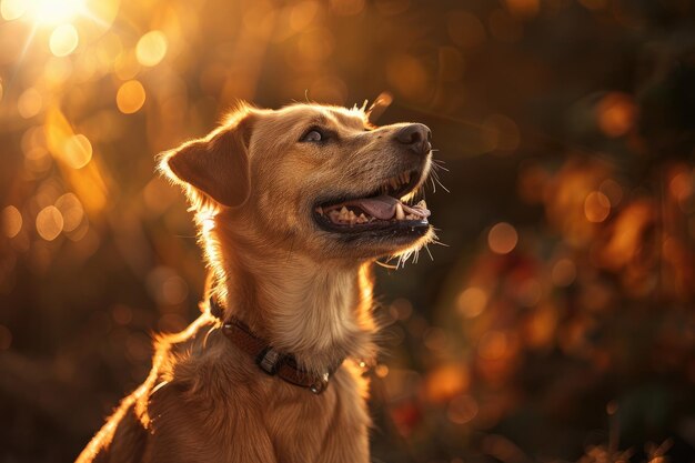 Photo playful laughing dog in medium shot with warm lighting