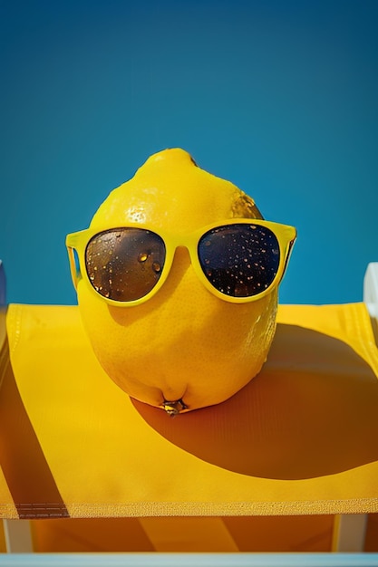 Photo a playful lemon with sunglasses relaxing a beach lounger capturing vibrant summer fun