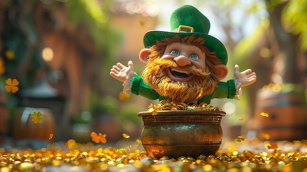 Photo playful leprechaun dancing atop a pot of gold