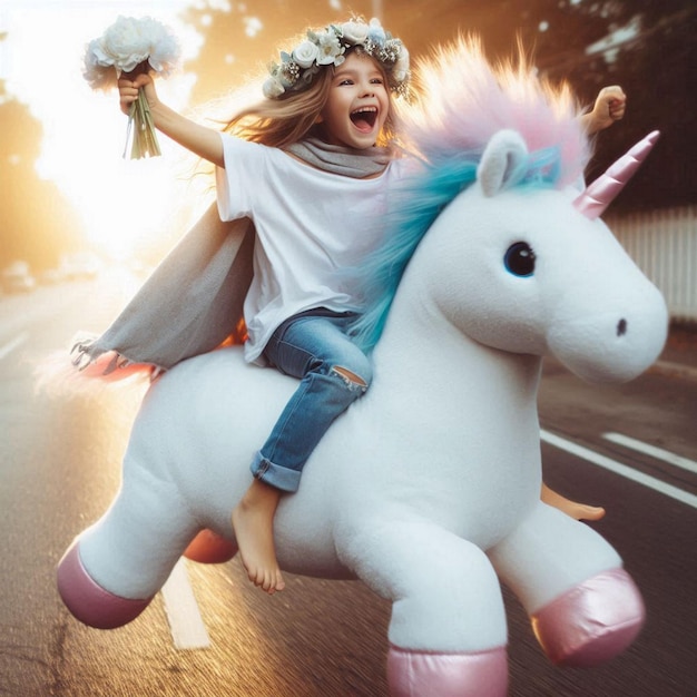 Photo a playful lifestyleinspired photograph of a child or young adult riding on the back of a unicorn