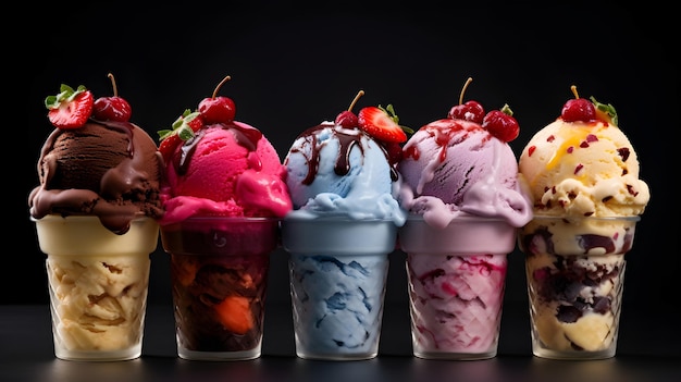 A playful lineup of ice cream sundaes with various toppings