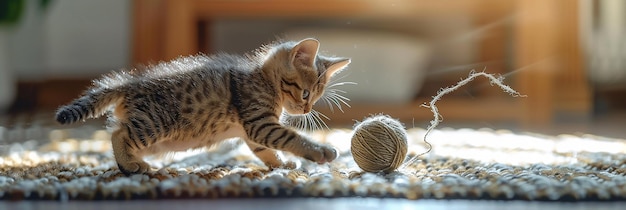 Photo playful lion batting at a ball of yarn on a soft cozy blanket