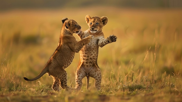 Photo playful lion cubs engaged in a light fight at sunset in the wild