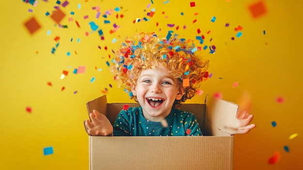 Photo playful little boy in clown wig sitting inside cardboard box