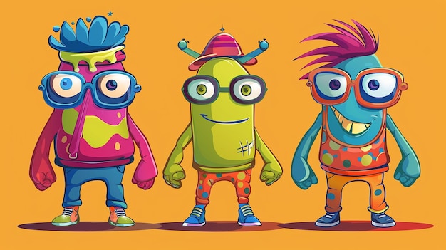 Photo playful mascot characters in bold colors on solid background