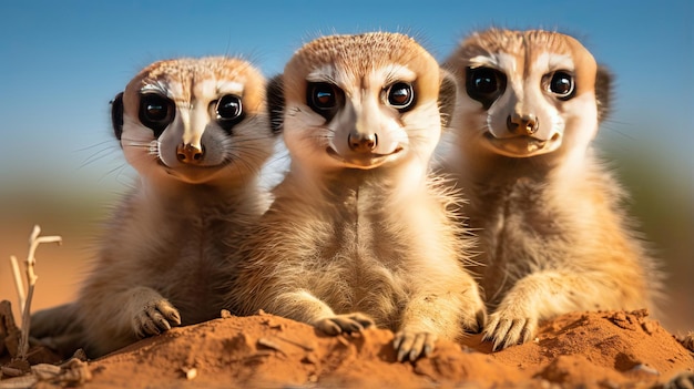 Playful meerkats standing guard over their burrows in the arid plains of Africa always alert