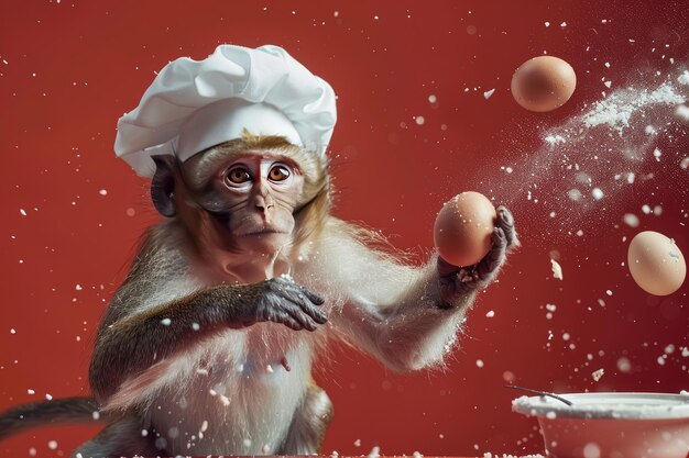 Playful Monkey Chef Juggling Eggs in a Floury Mess with a Red Background