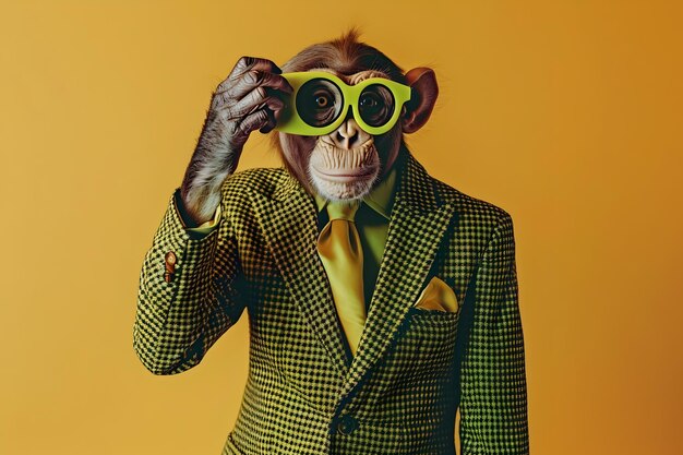 Playful Monkey Posing in Vibrant Houndstooth Suit for Surreal Candid Portrait