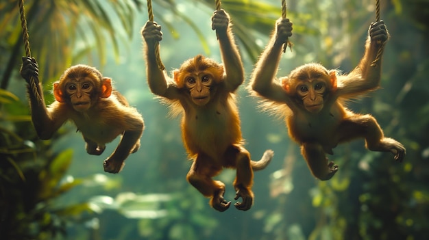 Playful monkeys swinging dense jungle midair vibrant greenery actionpacked Generative AI