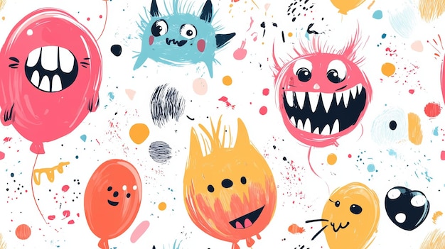 Playful Monster Doodles Seamless Pattern Cute and Colorful Cartoon Creatures for Kids Designs and Creative Projects