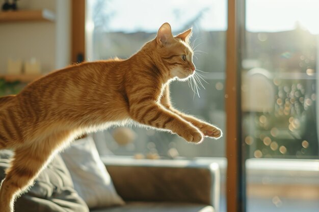 Playful Orange Cat Leaping through Sunlit Living Room with Bokeh Background