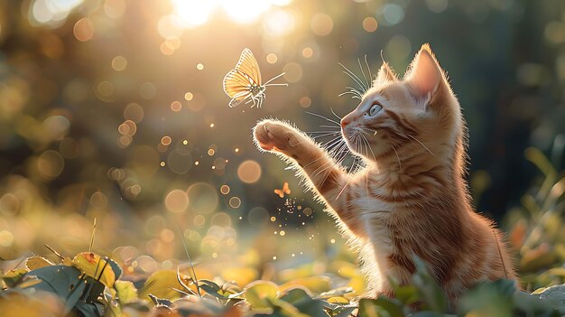 A playful orange tabby cat batting at a butterfly in a sundrenched meadow with a golden retriever puppy watching curiously