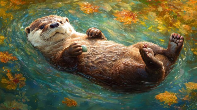 Photo a playful otter floats serenely on a colorful pond holding a small object surrounded by autumn leaves embodying tranquility and joy