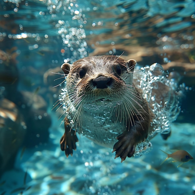 Photo playful otter swimming underwater