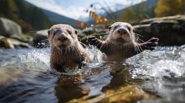 Playful otters frolicking in a crystalclear mountain stream their joyful antics on full display