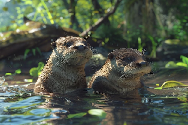 Playful otters frolicking in a crystalclear stream