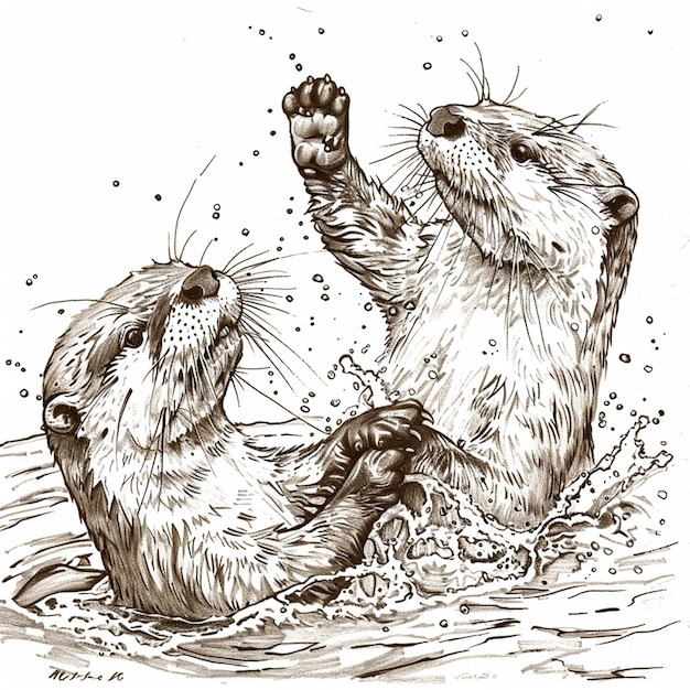 Playful Otters pencil drawing on white paper artwork