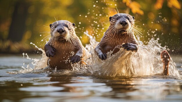 Playful otters sliding down a smooth riverbank in pure joy