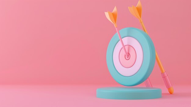 Photo playful pastel target with arrows on podium against pink background