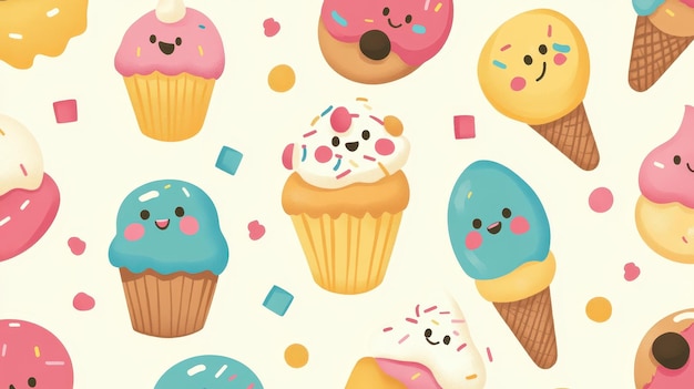 Photo a playful pattern featuring cute desserts like cupcakes ice cream and donuts