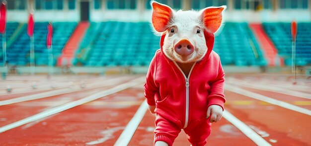 Photo playful piglet wearing a bright red sports tracksuit and one running shoe dashing energetically along the jogging track in a large outdoor sports stadium or arena