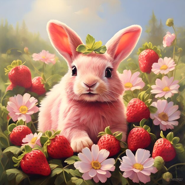 A playful pink strawberry rabbit its fur rendered in delightful detail