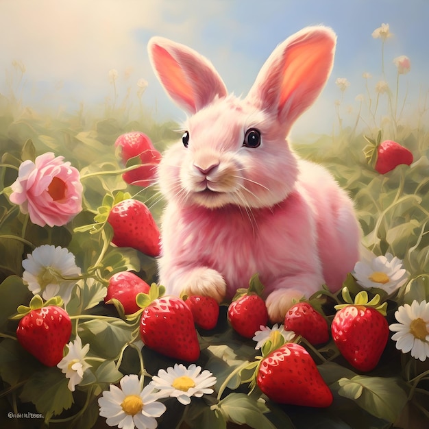 A playful pink strawberry rabbit its fur rendered in delightful detail