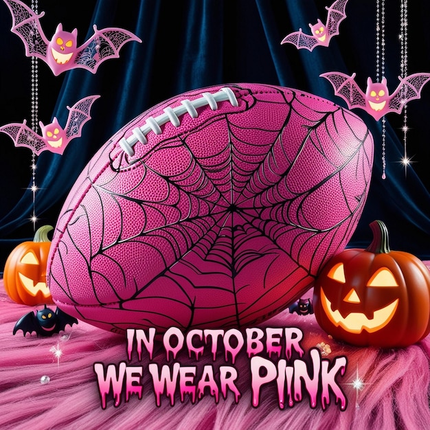 Playful Pink A Whimsical Halloween Graphic Merging Football and Awareness