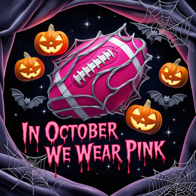 Playful Pink A Whimsical Halloween Graphic Merging Football and Awareness