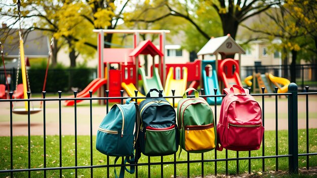 Photo a playful playground scene with swings slides and childrens backpacks lined up on a fence captur