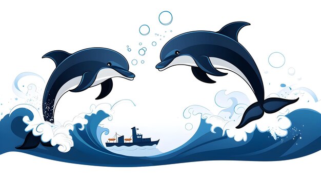 A Playful Pod of Dolphins Racing Alongside a Ship in Cartoon Style