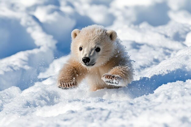 Photo playful polar bear cub frolicking in fresh arctic snow