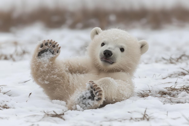 Photo playful polar bear cub frolicking in fresh arctic snow