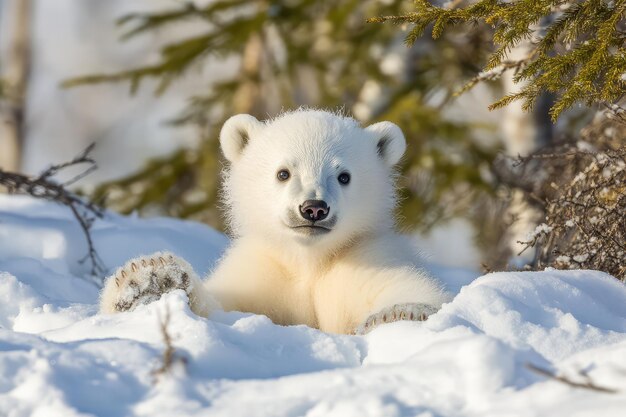 Photo playful polar bear cub frolicking in fresh arctic snow