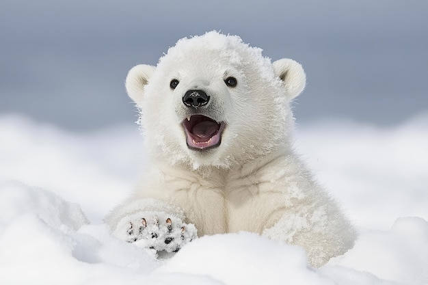 Playful polar bear cub frolicking in fresh arctic snow