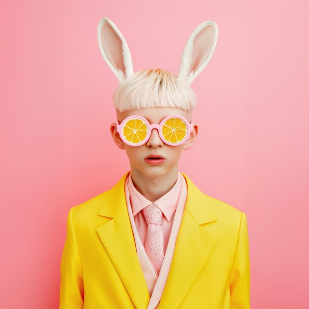 Photo playful portrait of a young man dressed in a yellow suit with rabbit ears and lemon slice glasses against a pink background this image combines elements of fashion with surreal whimsical details