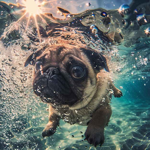 Photo playful pug paddling in ocean