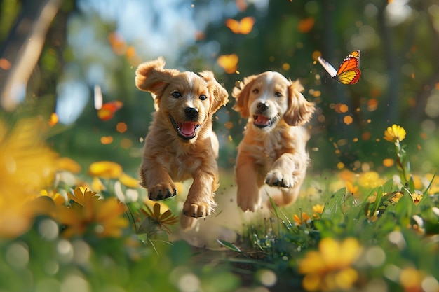 Playful puppies chasing butterflies