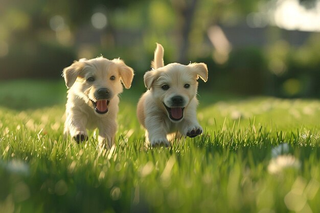 Playful puppies chasing each other in the grass oc