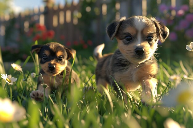 Playful puppies chasing each other in the grass oc