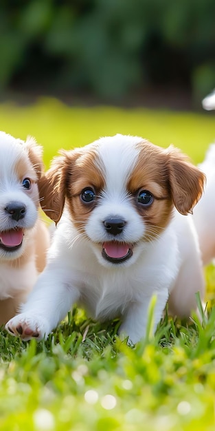 Photo playful puppies exploring a sunny backyard