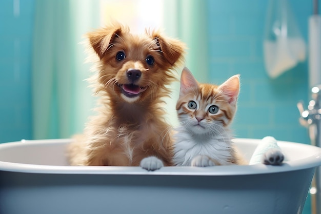 Playful Puppy and Cat in Bathtub AI