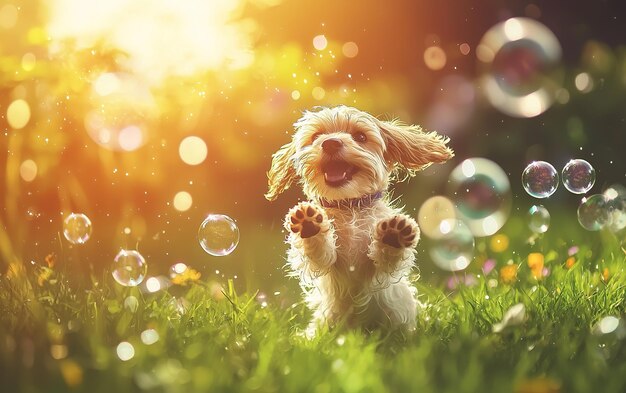 Playful puppy chasing bubbles in a sunlit garden filled with vibrant blooms during a joyful afternoon