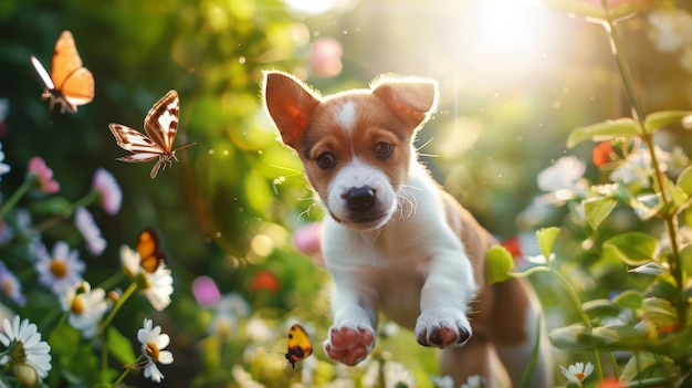 A playful puppy chasing butterflies in a sunny garden with flowers and greenery all around