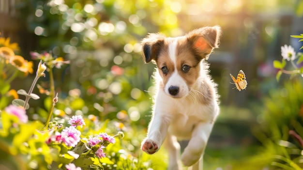 A playful puppy chasing butterflies in a sunny garden with flowers and greenery all around