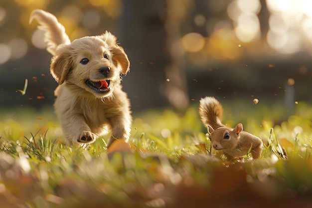 Playful puppy chasing a squirrel