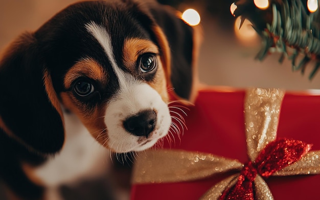 A playful puppy curiously exploring a festive gift box near a beautifully decorated Christmas tree during the holiday season