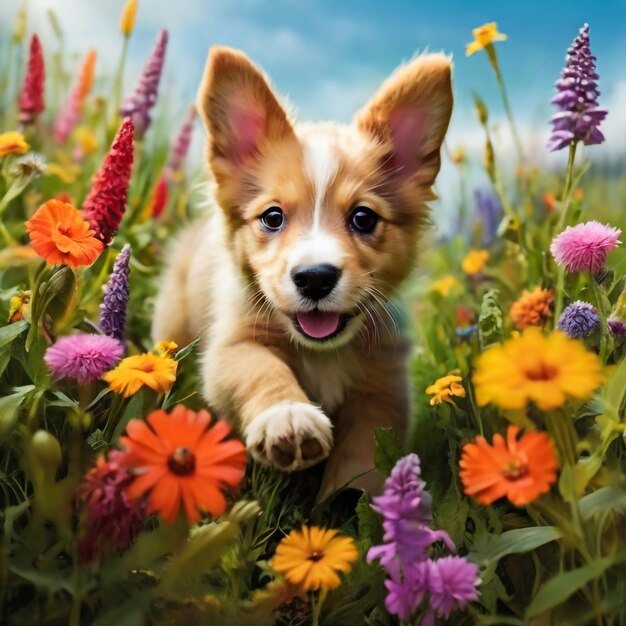 A playful puppy leaps through a field of wildflowers its fur a whirlwind of color